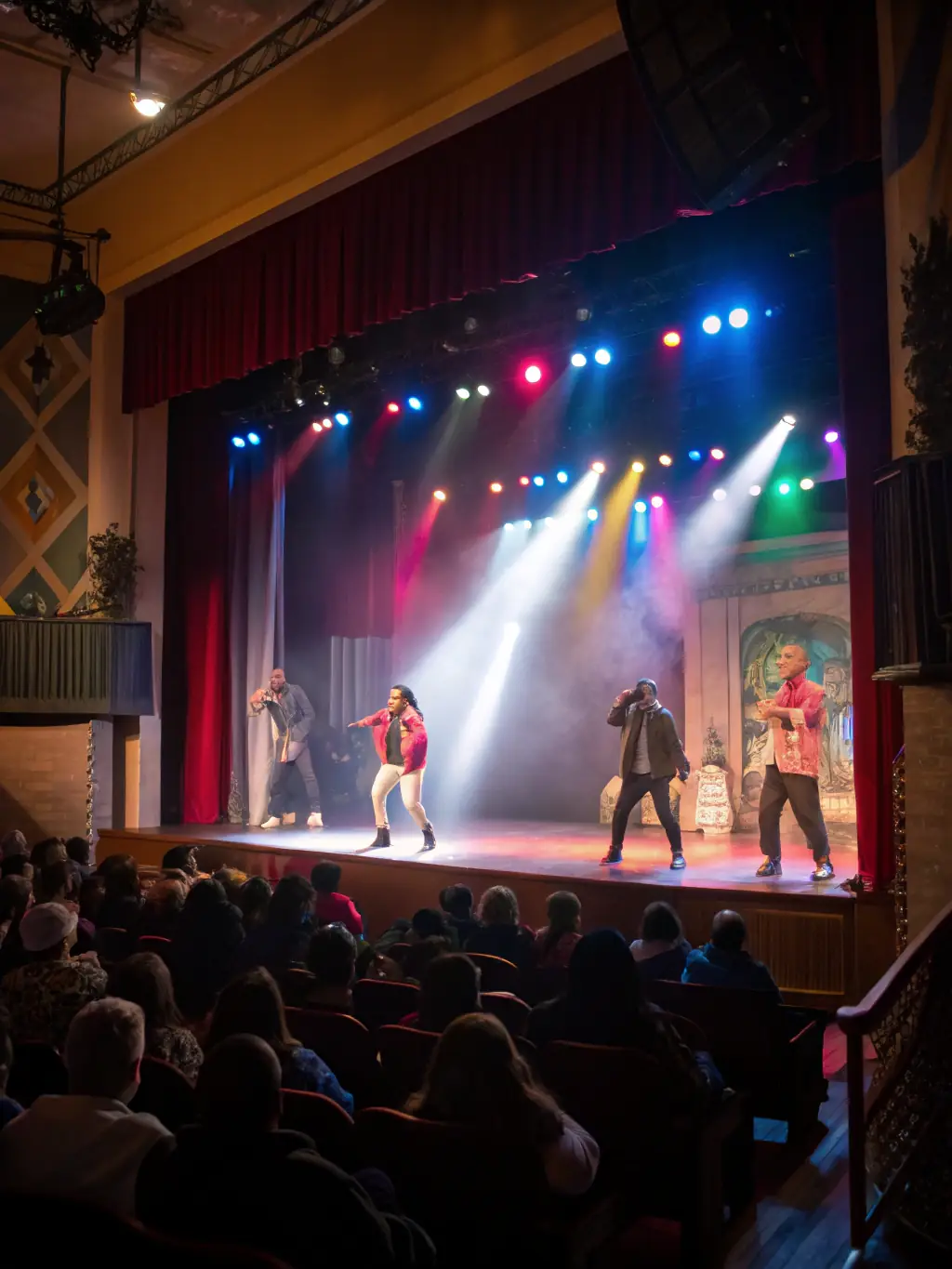 A photo of a CHUKCHUKA-supported theatrical performance in a local community center, featuring diverse actors and a captivated audience.