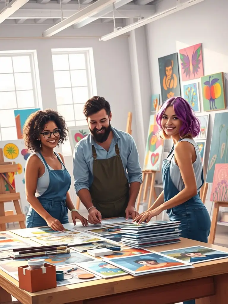 An image of artists collaborating on a project supported by CHUKCHUKA, showing them brainstorming and working together in a studio setting, emphasizing the organization's role in fostering artistic collaboration.
