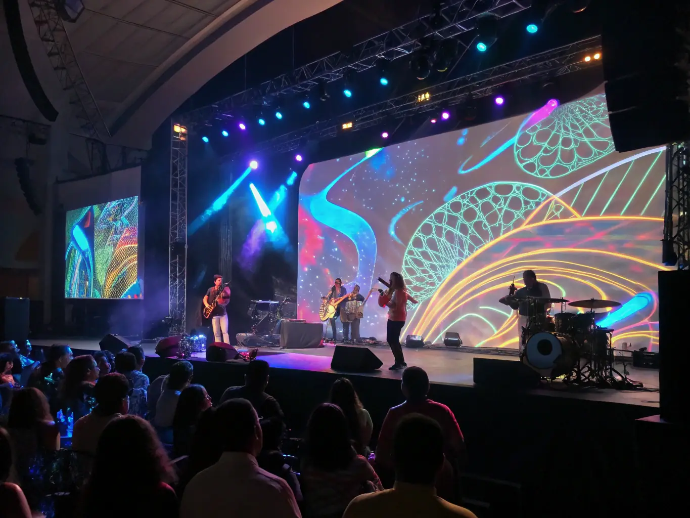 A photograph capturing a live performance event organized by CHUKCHUKA, featuring musicians and dancers engaging with the audience.