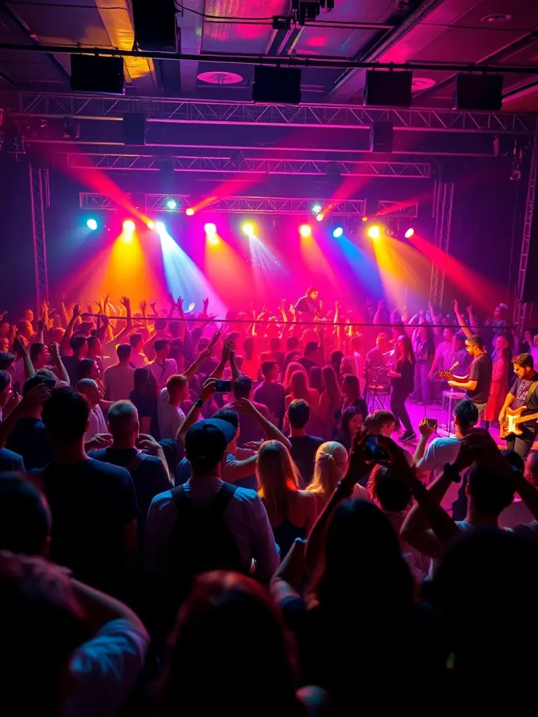 A vibrant photograph capturing a live music performance at a CHUKCHUKA-sponsored event, showcasing diverse musicians and an engaged audience, emphasizing the organization's support for live arts.